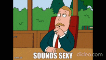 a cartoon of a man sitting at a desk with the words " sounds sexy " on the bottom