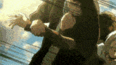 a man is being held by another man in a cartoon