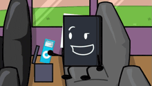 a cartoon character holding an ipod and a book with a smiling face