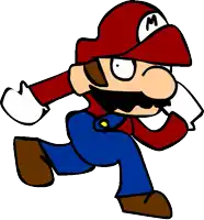 a cartoon drawing of mario wearing a red hat with a letter m on it