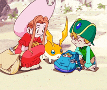 a girl in a red sweater sits next to a boy in a green hat and a yellow pokemon
