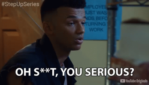a man says oh s**t you serious in front of a sign