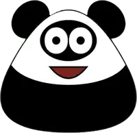 a black and white cartoon panda bear with big eyes and a smile