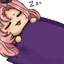 a cartoon girl with pink hair is sleeping on a purple blanket .