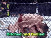 a man laying on the ground behind a chain link fence with the words bitches and bullied written on it