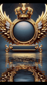 a gold frame with wings and a crown on top of it