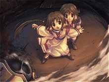 a couple of anime characters standing in a dark room