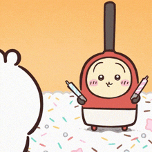 a cartoon character is standing in a pile of sprinkles and holding a pair of syringes