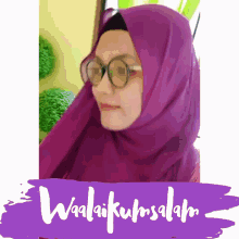 a picture of a woman wearing glasses and a purple hijab with the words waalaikumsalam written on the bottom