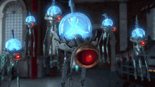 a robot with a red eye is surrounded by blue balls
