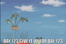 a cartoon of a crab holding a bell with the words `` day 123 give it up for day 123 ''