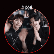 two young men are standing next to each other in a circle with the word choom above them