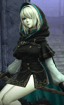 a woman with blonde hair and a black cape with a hood