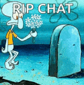 squidward from spongebob squarepants is standing next to a grave holding a bouquet of flowers .