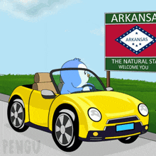 a cartoon drawing of a penguin driving a yellow car in front of a sign that says arkansas