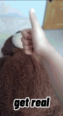 a person giving a thumbs up next to a stuffed animal that says get real on it