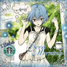a picture of a girl with glasses and a starbucks coffee logo says good morning