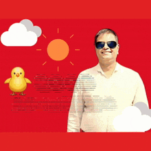 a man wearing sunglasses stands in front of a yellow chick