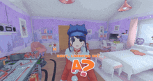 a cartoon character in a room with a question mark