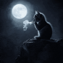 a cat is smoking a cigarette in front of the moon