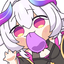 a cartoon drawing of a girl with horns blowing a purple balloon