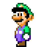 a pixel art of a man wearing a green hat and purple apron