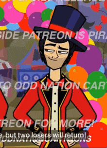 a man in a top hat is standing in front of balloons and says " odd nation car " on the bottom