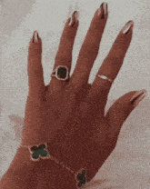 a close up of a woman 's hand with three rings on it