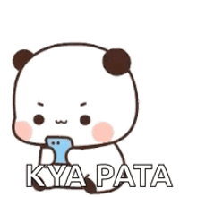a cartoon panda bear is sitting next to a cell phone and says kya pata .
