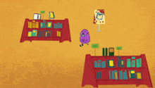 a purple cartoon character is standing in front of a book shelf