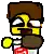 a pixel art drawing of a man with a beard holding a soda can .