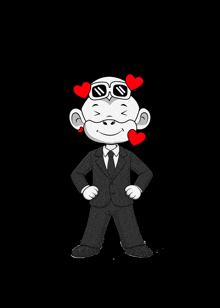 a cartoon character wearing sunglasses and a suit has two red hearts in his eyes