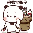 a cartoon panda bear is carrying a bag full of trash .