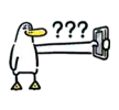 a cartoon duck is taking a selfie with a cell phone and looking at it .