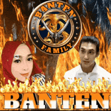a man and a woman are standing in front of a banner for banten family