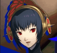 a close up of a person 's face with red eyes