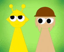 a yellow cartoon character and a brown cartoon character standing next to each other