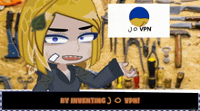 a cartoon girl is standing in front of a wall of tools with a sign that says jo vpn