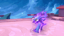 a blue and purple dragon with a yellow eye is standing on a pink floor