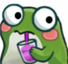 a green frog is drinking a purple drink from a glass with a straw .