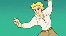 a cartoon of a man holding a sword with a yellow lightning bolt behind him