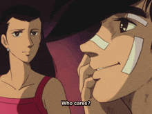 a man with a bandage on his nose looks at a woman who says who cares