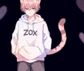 a boy with a cat ear and tail wears a hoodie that says zox