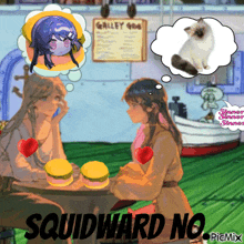 a cartoon of two girls sitting at a table with the words squidward no in the corner