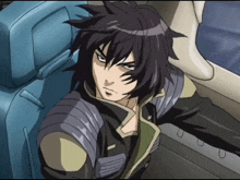 a cartoon character with long black hair is sitting in a blue chair