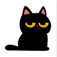 a black cat with orange eyes is sitting down and looking at the camera on a white background .