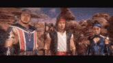 a group of video game characters are standing next to each other in a desert .