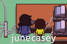 a pixel art drawing of two people standing next to each other with the words june casey written on the bottom
