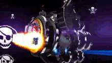 a skull and crossbones are on a purple background in a video game
