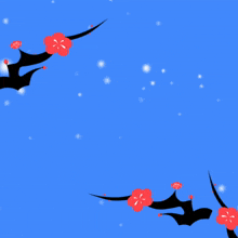 a blue background with red flowers and white snowflakes and arabic writing on it